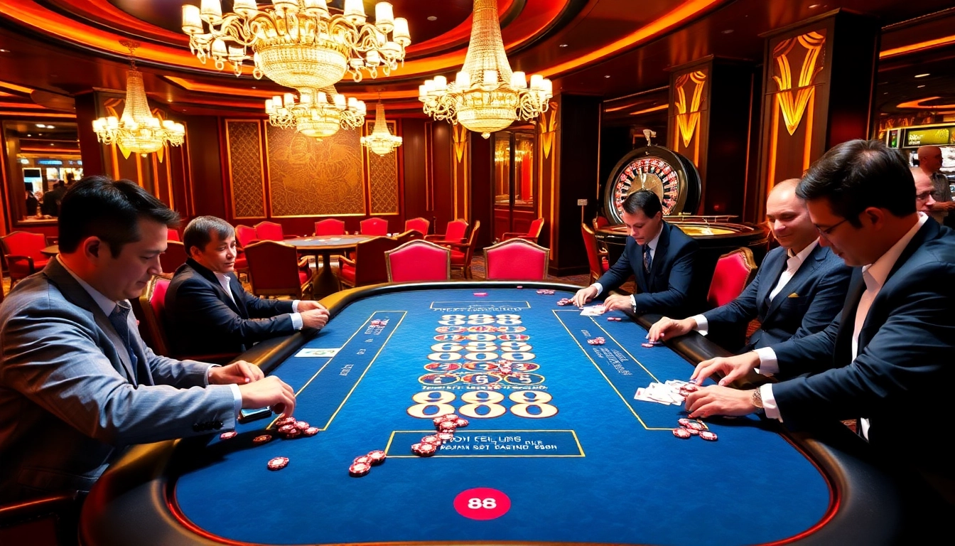 Experience the excitement of GO 88 at a vibrant casino with players and a roulette wheel.