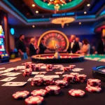 Feel the excitement of Hi88 with vibrant casino visuals featuring tables, cards, and roulette wheels.