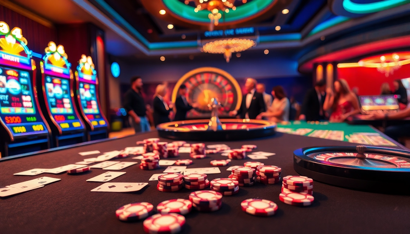 Feel the excitement of Hi88 with vibrant casino visuals featuring tables, cards, and roulette wheels.