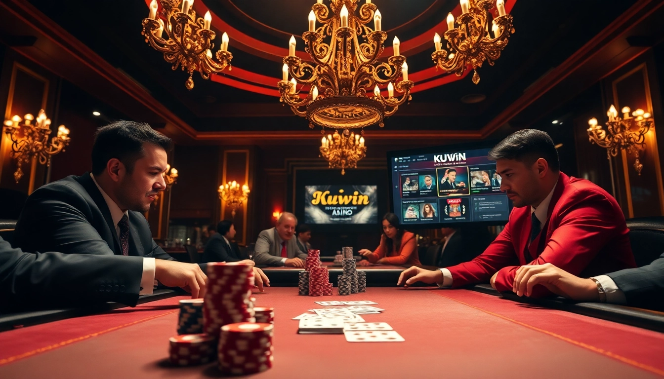 Kuwin poker chips and cards in a luxurious casino setting with players engaged in high-stakes gameplay.