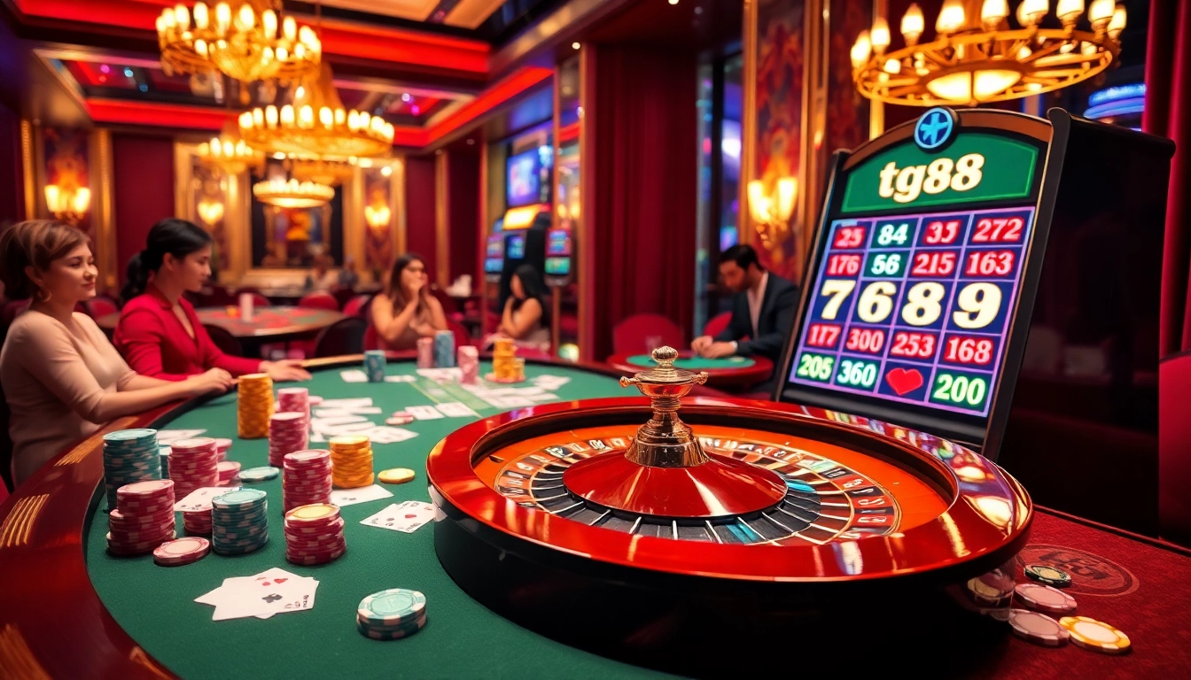 Experience high-stakes action at tg88's luxurious casino with vibrant roulette and chips.