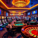 Luckywin showcases an exciting casino atmosphere with vibrant slot machines and players at the table.