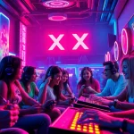 Engaging scene of diverse characters playing XXX games in a vibrant, neon-lit virtual environment.