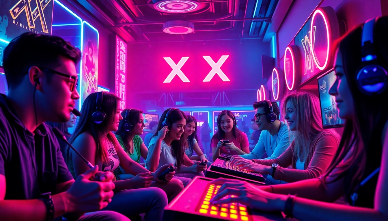Engaging scene of diverse characters playing XXX games in a vibrant, neon-lit virtual environment.