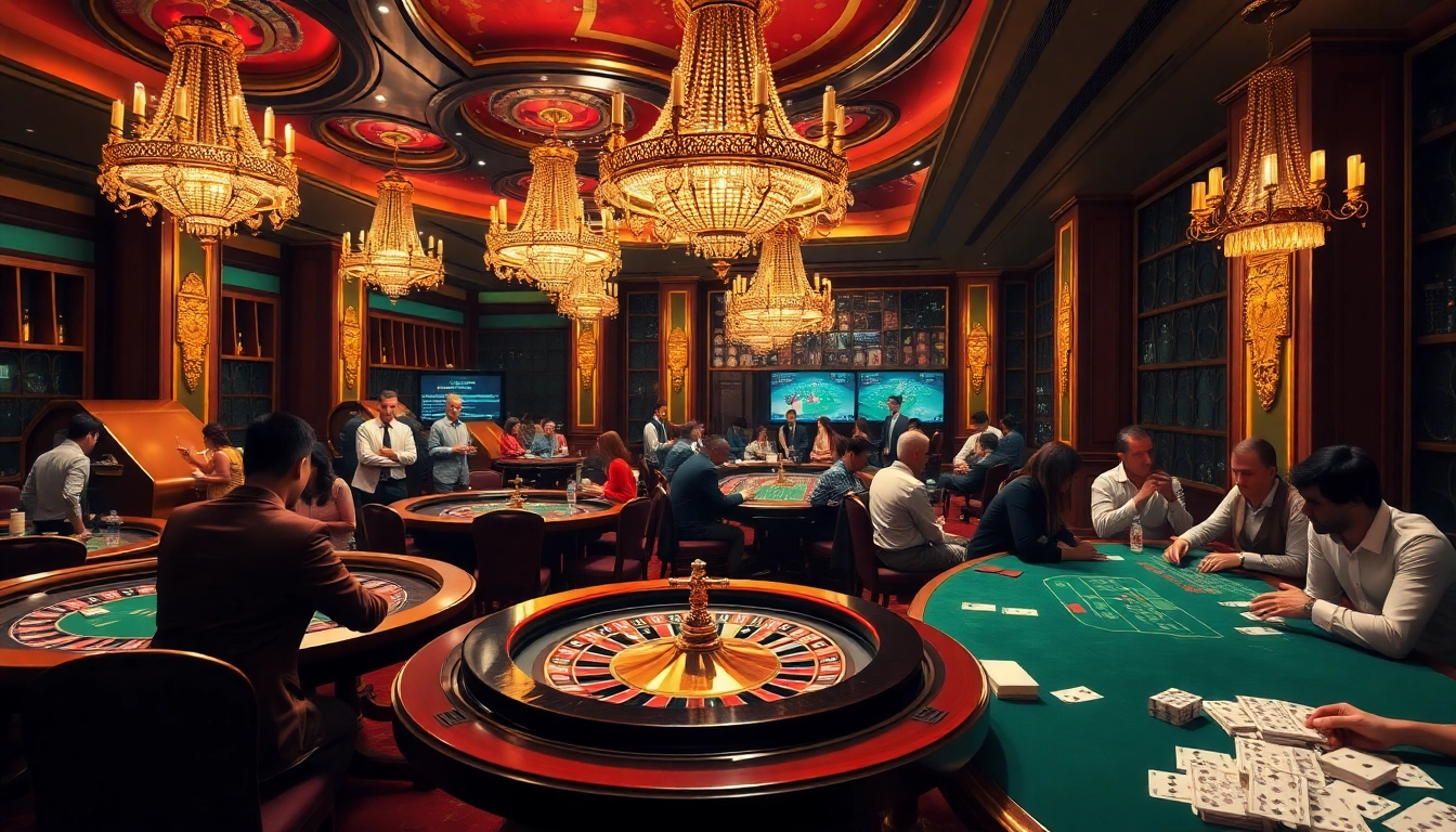 Gambling excitement at trang chủ PS99 with players at a roulette table and poker game.