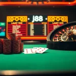 Action-packed j88 casino scene with poker chips and cards on a luxurious table.