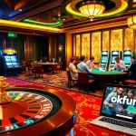 Experience thrilling gaming action at okfun com with players enjoying casino games and vibrant slot machines.
