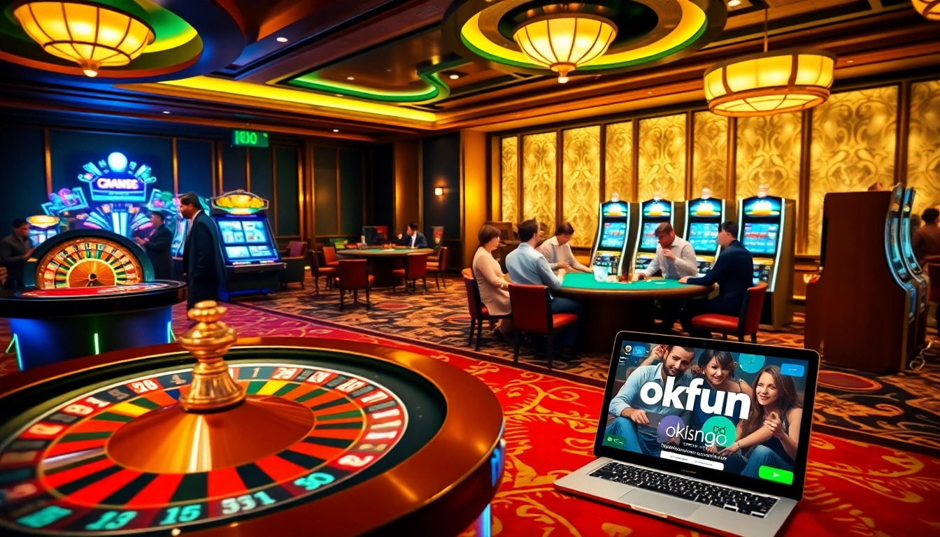 Experience thrilling gaming action at okfun com with players enjoying casino games and vibrant slot machines.