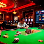 Engage with the okfun đăng nhập experience at a luxurious poker table in a vibrant casino.