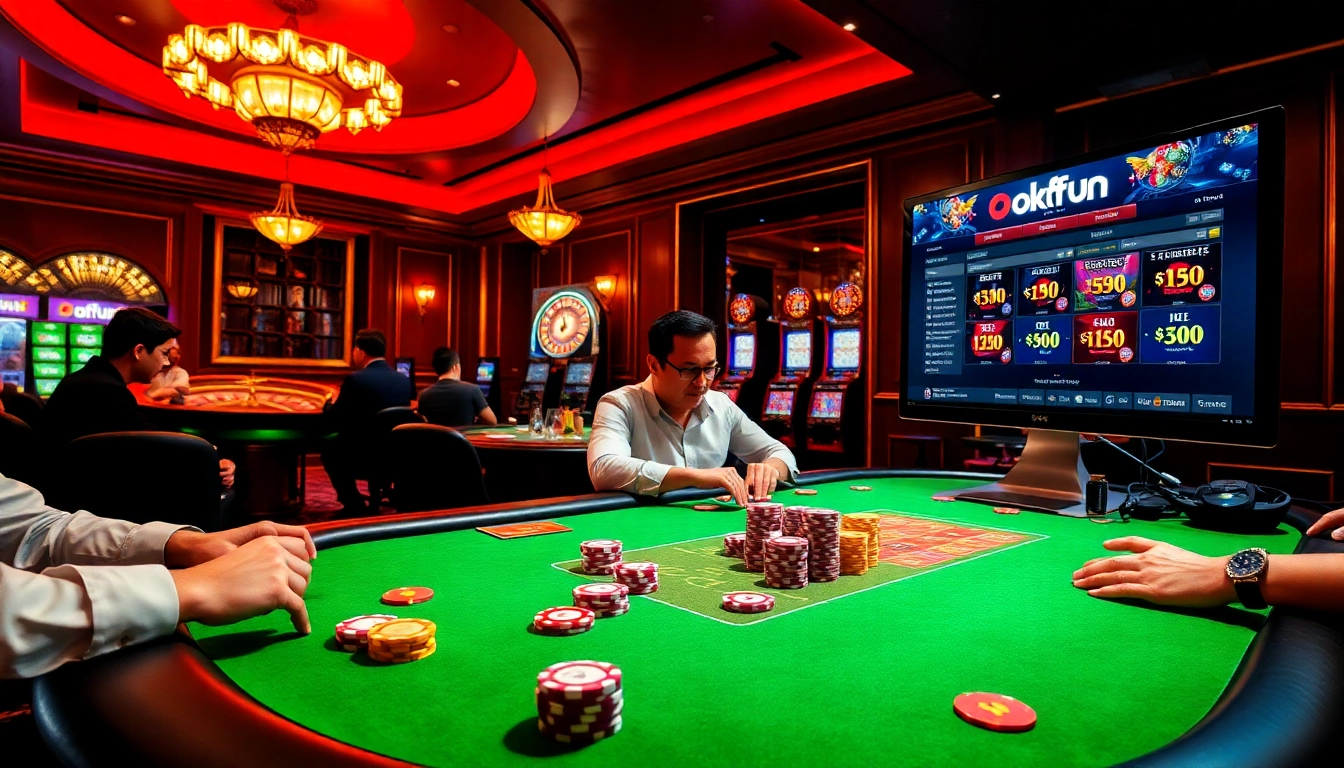 Engage with the okfun đăng nhập experience at a luxurious poker table in a vibrant casino.