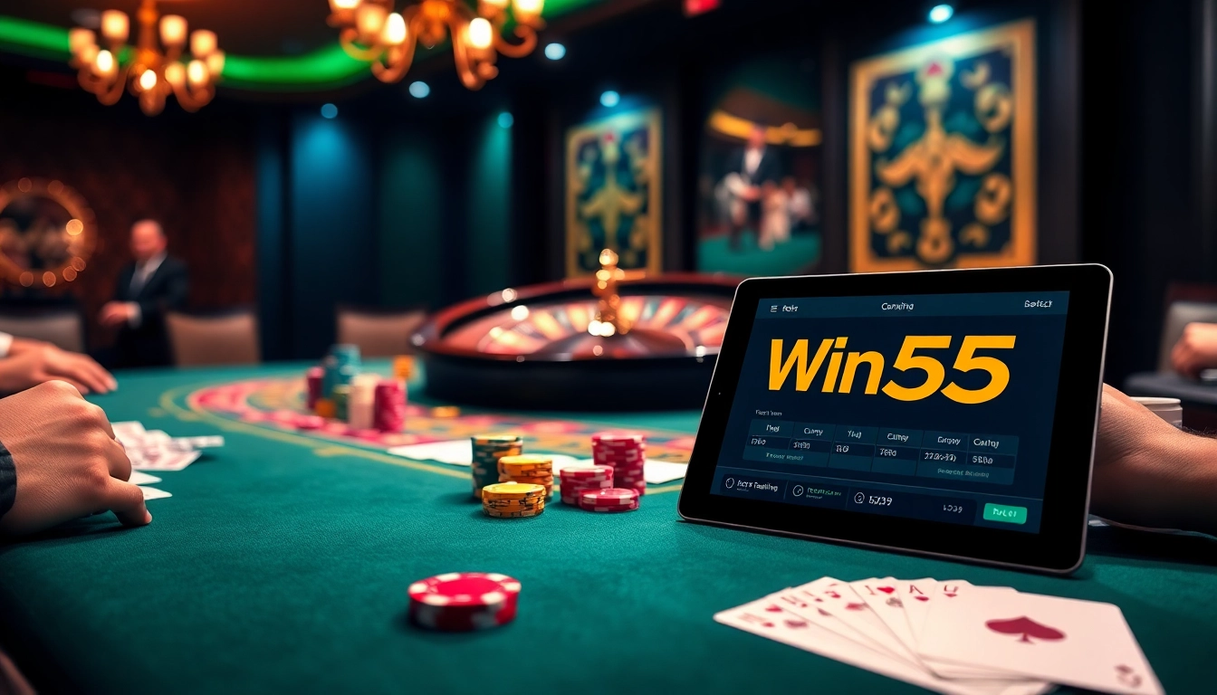 Experience luxurious gambling with Win55 as players engage in high-stakes poker at an elegant casino table.