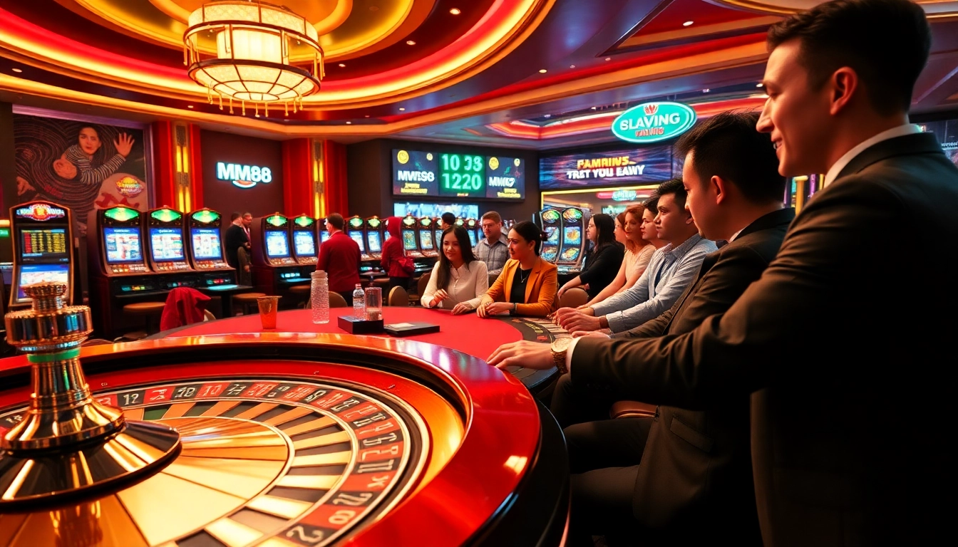 MM88 online gaming interface showcasing roulette and poker excitement with vibrant casino elements.