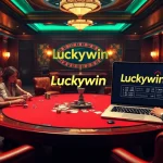 Engage with Luckywin's vibrant online casino atmosphere featuring poker tables, chips, and digital elements.