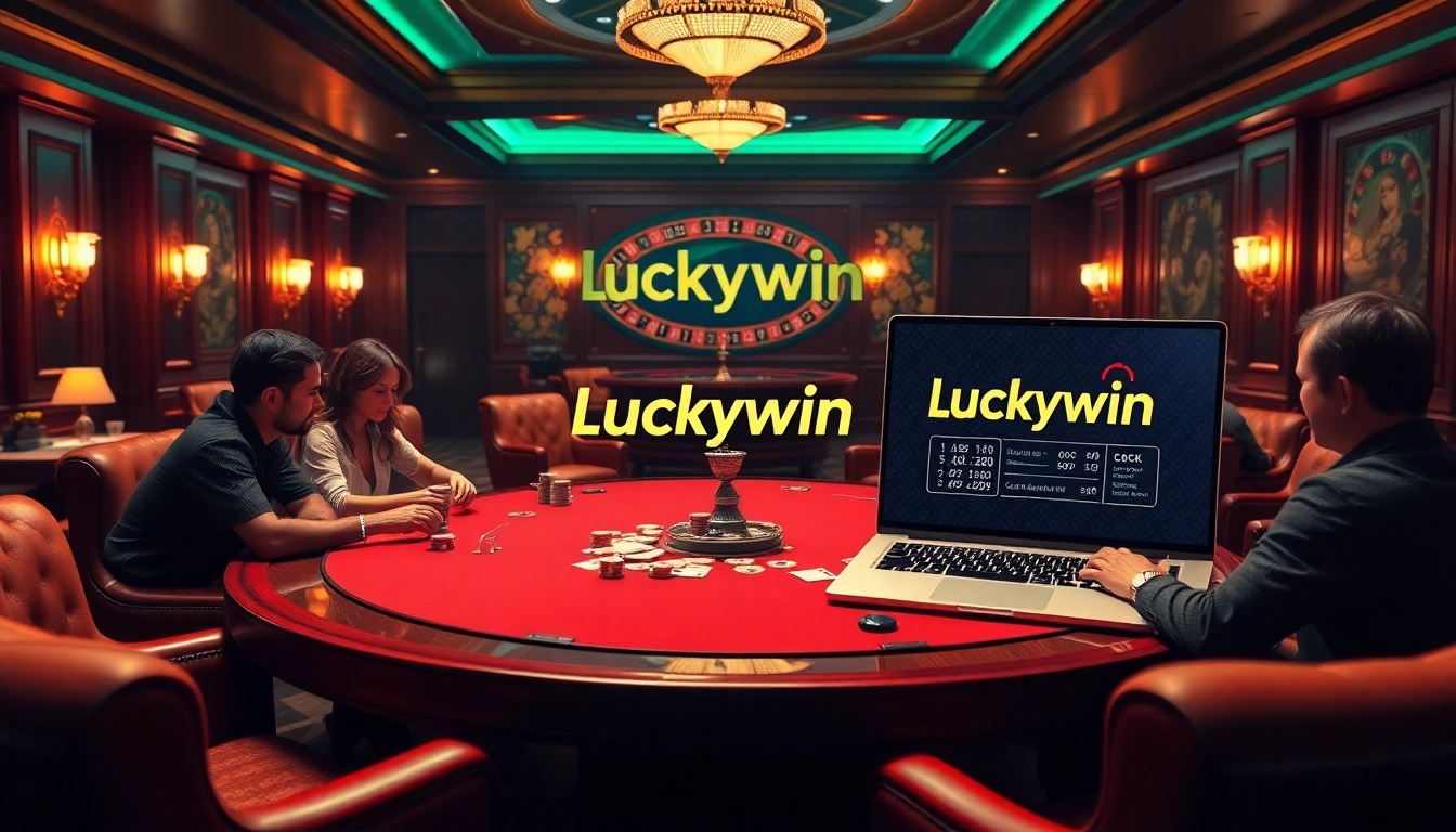 Engage with Luckywin's vibrant online casino atmosphere featuring poker tables, chips, and digital elements.