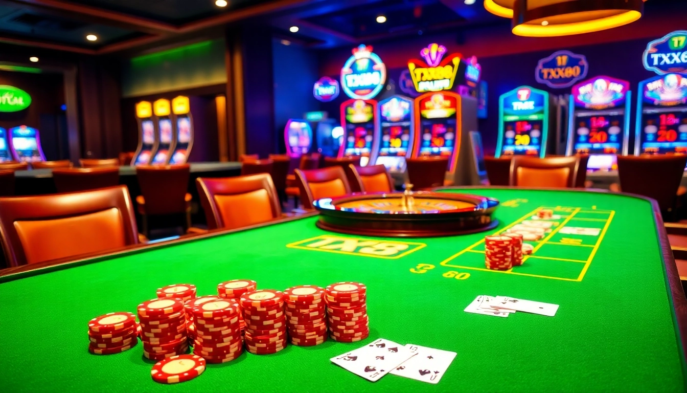 Experience the excitement of TX88 at a luxurious casino gaming table with vibrant poker chips and cards.