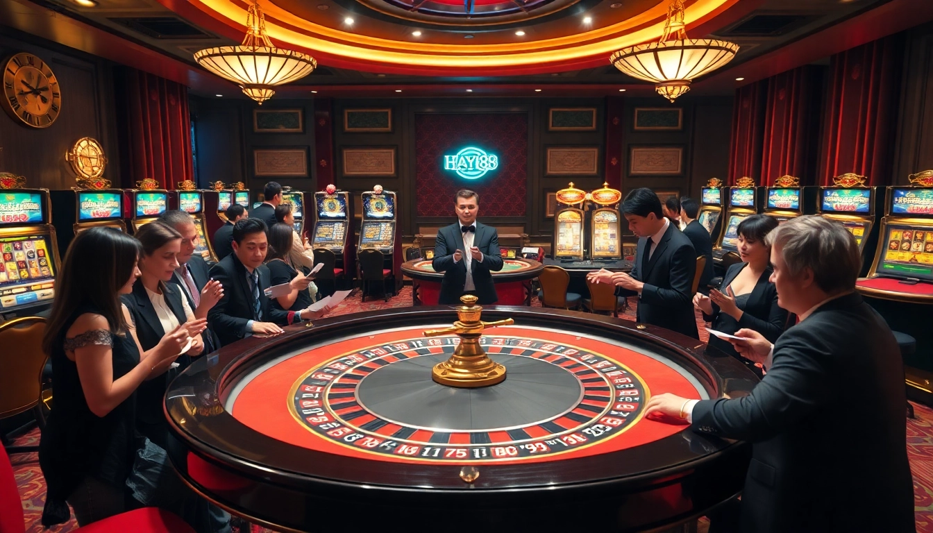 Experience the excitement of the hay88 deal at a luxurious casino table with players engaged in betting.