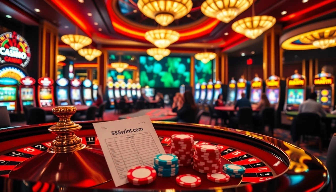 Experience the thrill of gaming at 555win1.it.com with vibrant casino visuals showcasing roulette and poker.