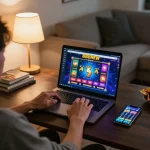 Engaging in online casino gameplay at 888NEW from a cozy living room setup