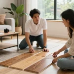 Consultation with flooring specialists near me showing hardwood samples in a modern living room.