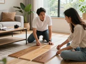 Consultation with flooring specialists near me showing hardwood samples in a modern living room.