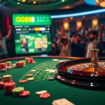 GG88 casino scene with vibrant gaming tables, chips, and a roulette wheel showcasing excitement.