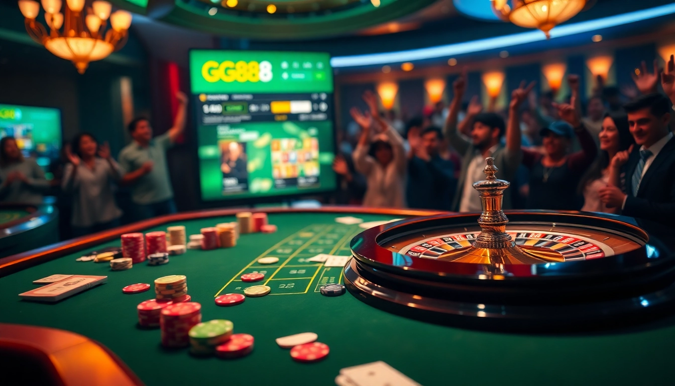 GG88 casino scene with vibrant gaming tables, chips, and a roulette wheel showcasing excitement.