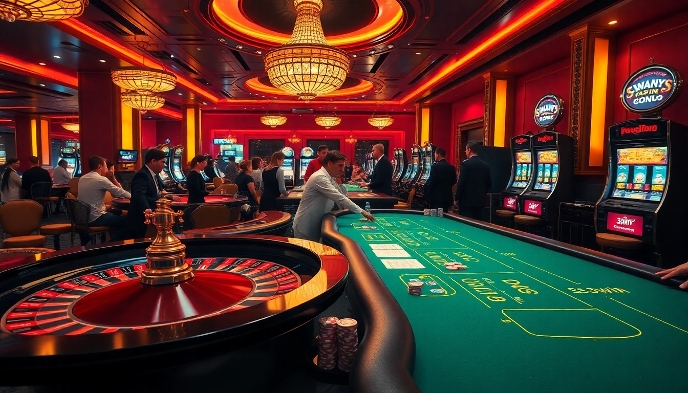 Players enjoying an exciting gaming session at 33win casino, featuring vibrant roulette and poker tables.