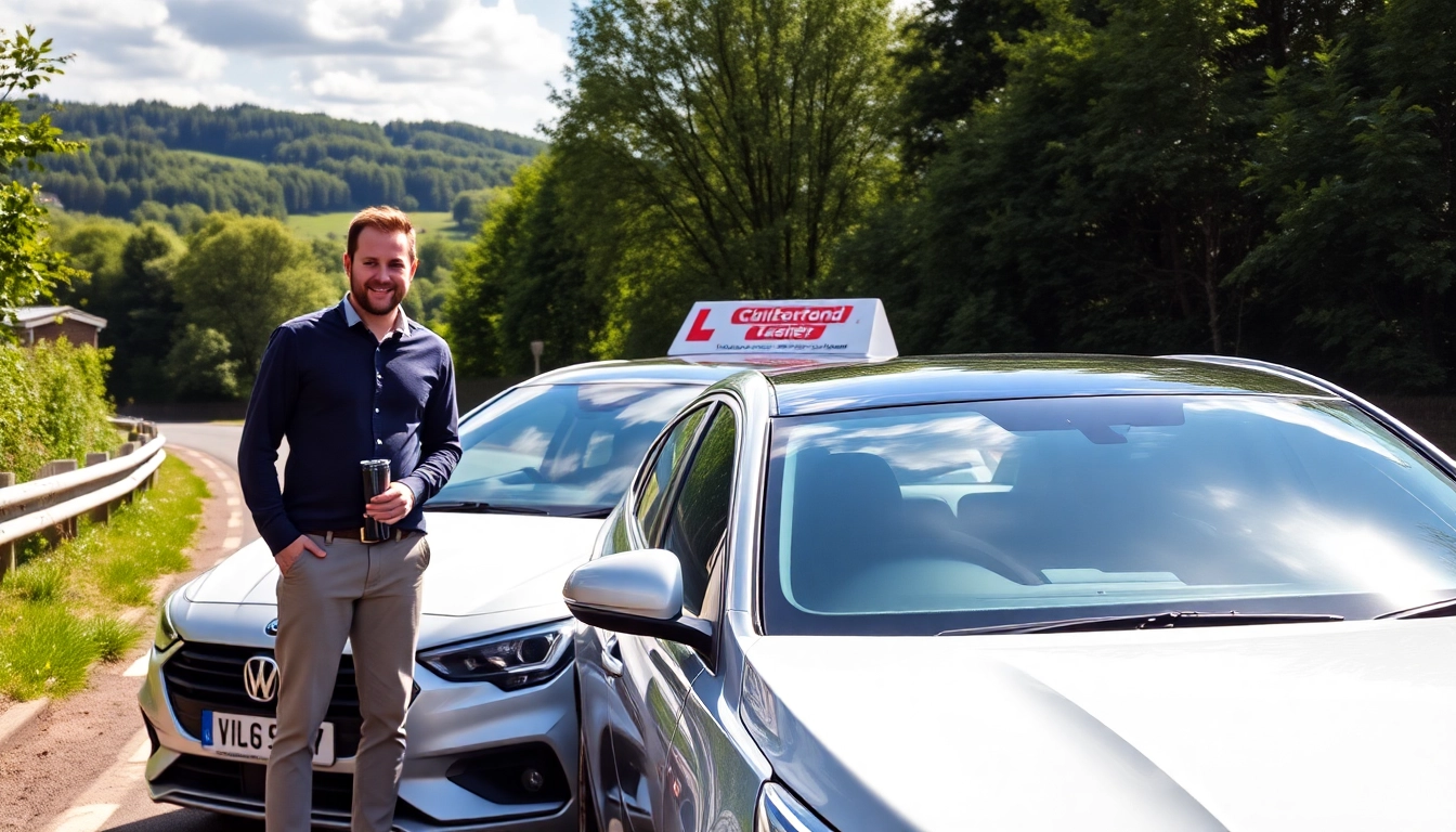 Engaging scene of an intensive driving course Guildford, showcasing a professional instructor with a student in a scenic setting.