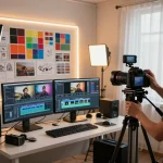 Filmmaker using video to prompt technology in a creative studio setup with editing equipment and ambient lighting.