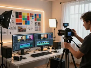 Filmmaker using video to prompt technology in a creative studio setup with editing equipment and ambient lighting.