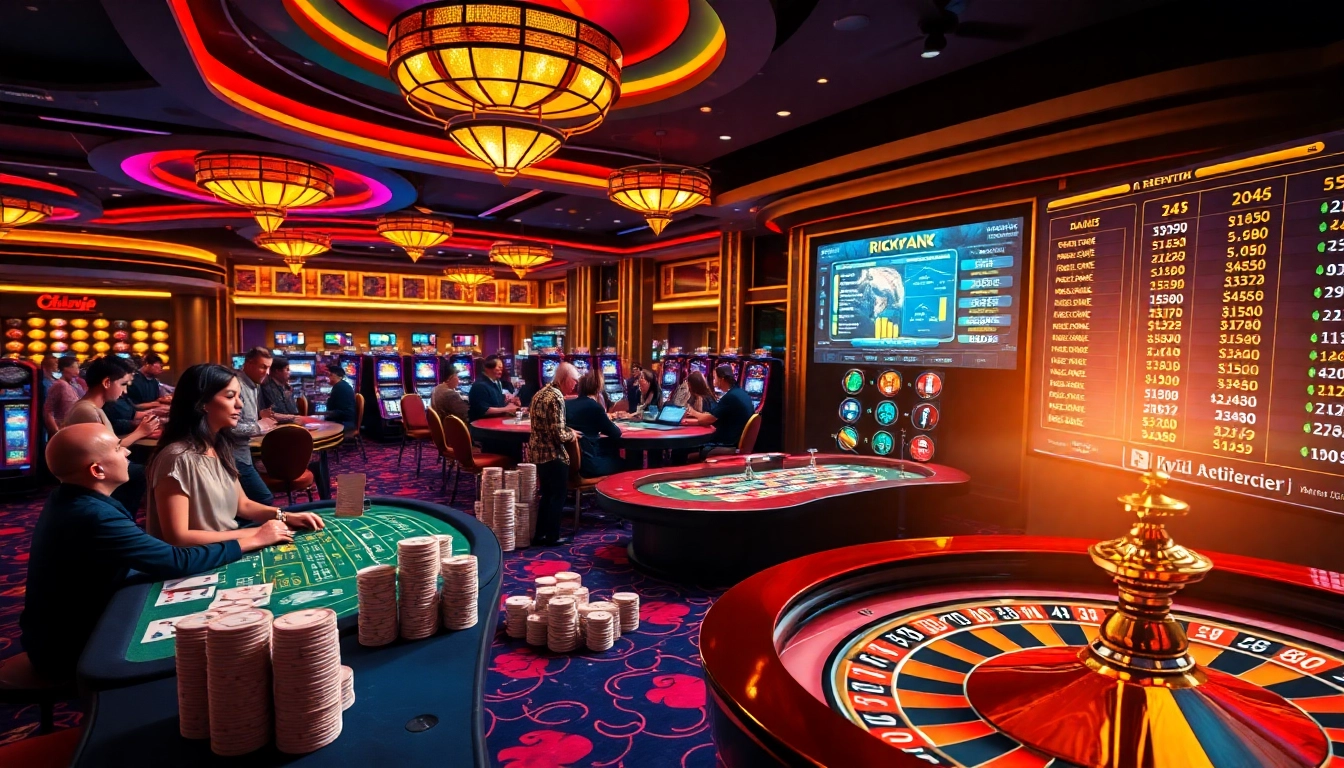 Rikvip players enjoying a vibrant casino environment with poker, slots, and roulette action.