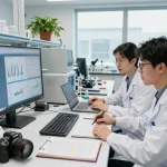 Research lab scene highlighting neurodegenerative disease studies at https://nddo.org, showcasing teamwork and advanced data analysis.