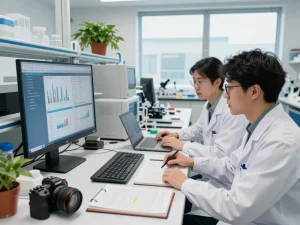 Research lab scene highlighting neurodegenerative disease studies at https://nddo.org, showcasing teamwork and advanced data analysis.