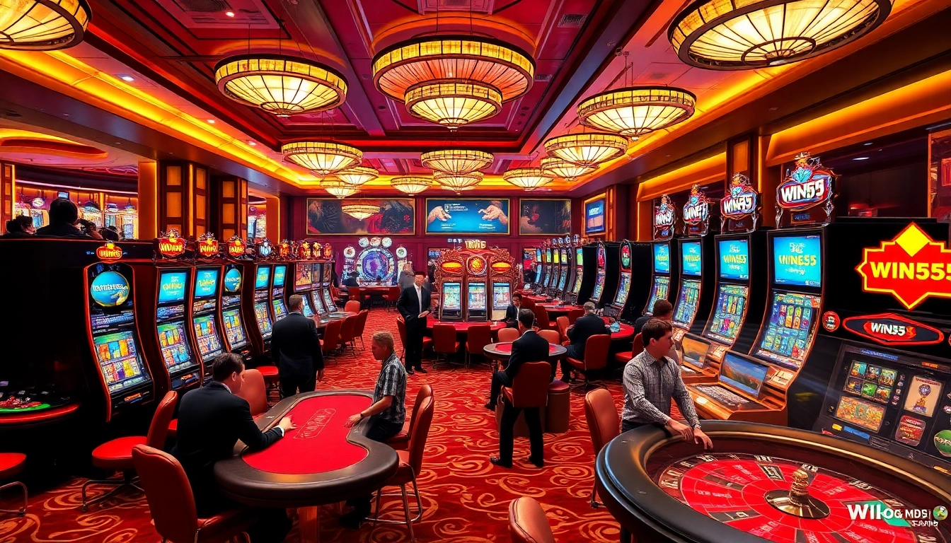 Exciting gaming action at Nhà Cái Win55 casino, showcasing vibrant slot machines and engaging tables.