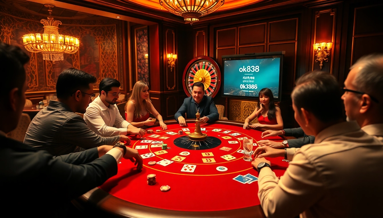 Players experiencing thrilling poker action at an elite table with ok8386 branding.