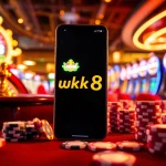 Engage with the lucky88 app on a smartphone, surrounded by poker chips and a roulette wheel in a vibrant casino setting.