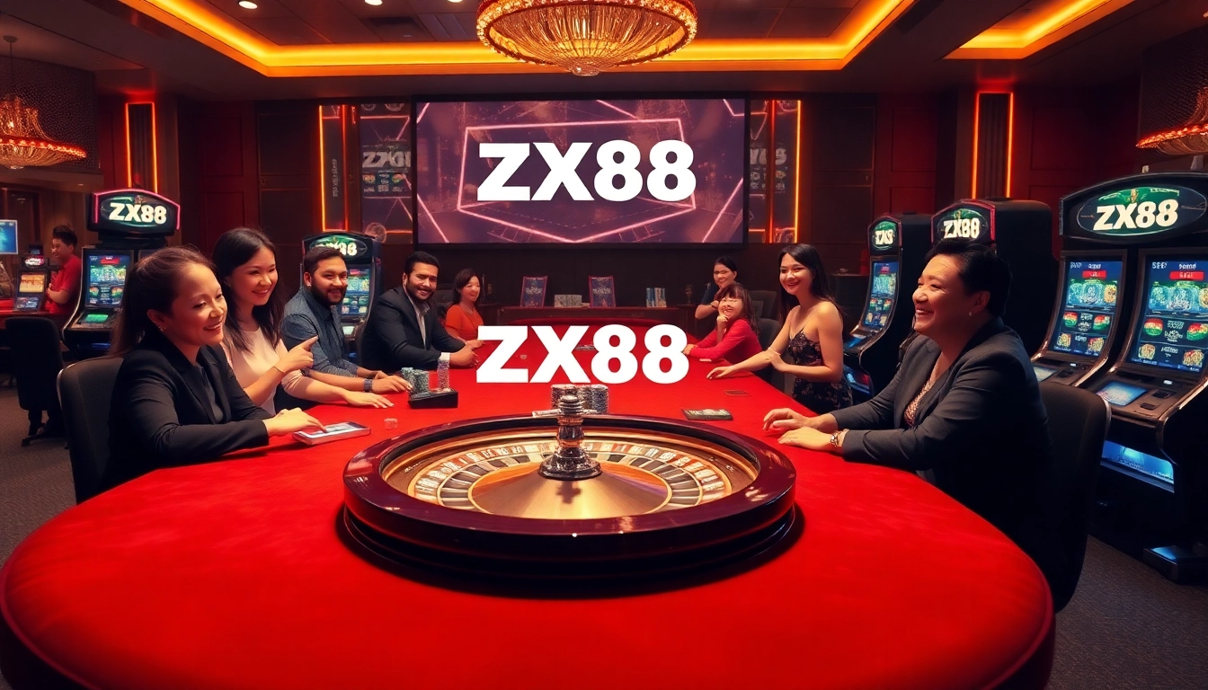 Players enjoying a thrilling game at ZX88's elegant online casino platform, surrounded by vibrant gaming elements.