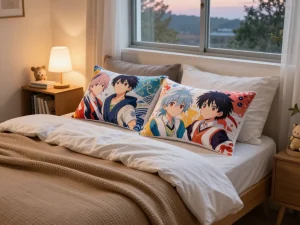 Custom dakimakura pillow on a cozy bed with vibrant anime designs.