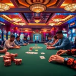 SIN88 poker table with excited players and colorful chips in a vibrant casino atmosphere
