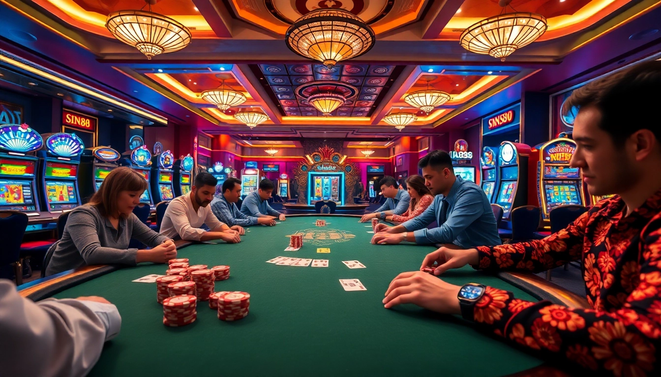 SIN88 poker table with excited players and colorful chips in a vibrant casino atmosphere