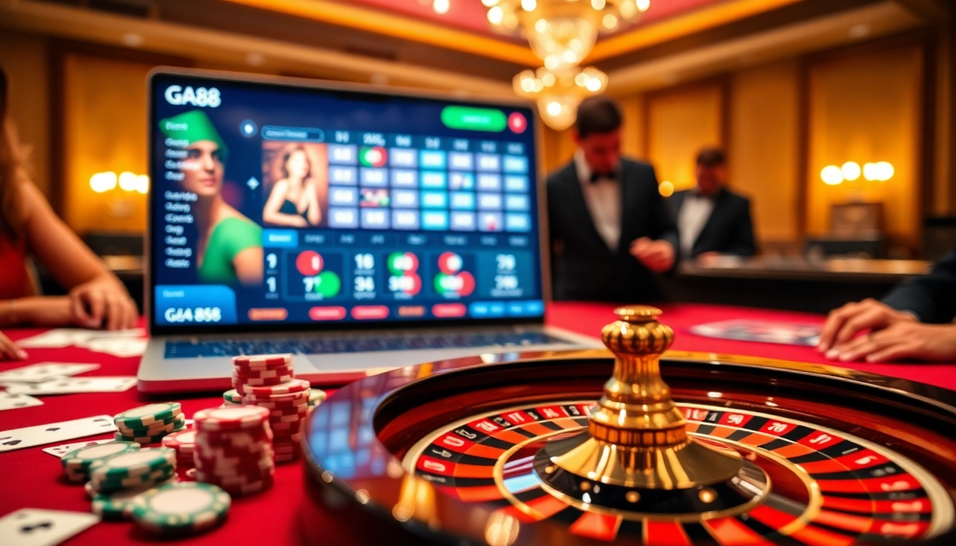 GA88 players enjoying a thrilling gaming experience at a luxurious casino table with cards and chips.