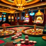WW88 casino table with poker chips and roulette wheels creating an exciting gambling atmosphere.
