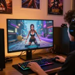 Engaging sex simulator gameplay on a stylish gaming setup with vibrant lighting.