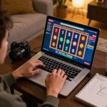 Engaged player at https://vmax88vip.com/ enjoying an online slot game at home, surrounded by cozy decor.