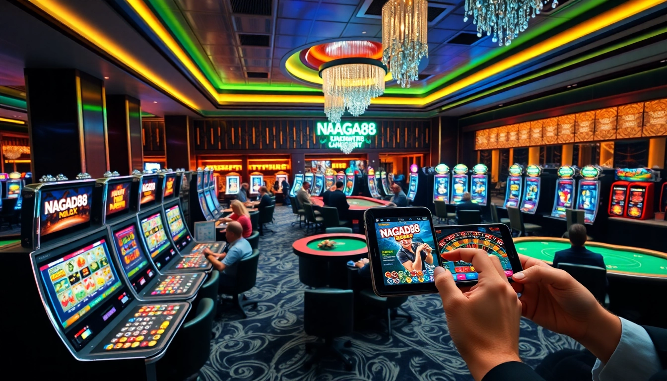 Nagad88 Bangladesh players enjoying blackjack and vibrant slot machines in a modern casino environment.