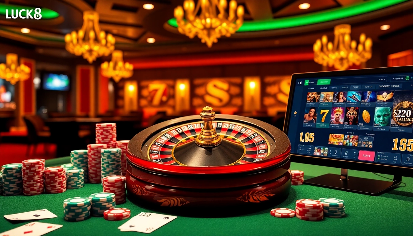 Experience Luck8 nhà cái uy tín with vibrant casino visuals featuring roulette and poker elements.