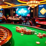 Experience the vibrant energy of RIKVIP with a luxury casino scene featuring poker chips and a roulette wheel.