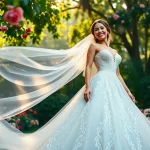 Bridal elegance in a Rebel Designerwear gown, surrounded by blooming flowers in a serene garden.