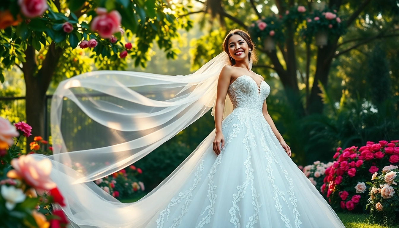Bridal elegance in a Rebel Designerwear gown, surrounded by blooming flowers in a serene garden.