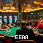 EE88 casino players enjoying a high-stakes poker game in a luxurious setting